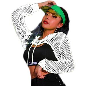 🆕 Women's Orange Polyester Fishnet Mesh Hoodie Crop Top Long Sleeve Shirt